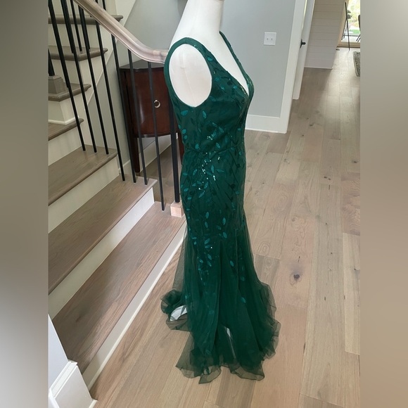 Ever Pretty Emerald Gown V-Neck Leaf Sequin Mermaid Formal Evening Dress w Tulle - Picture 6 of 11
